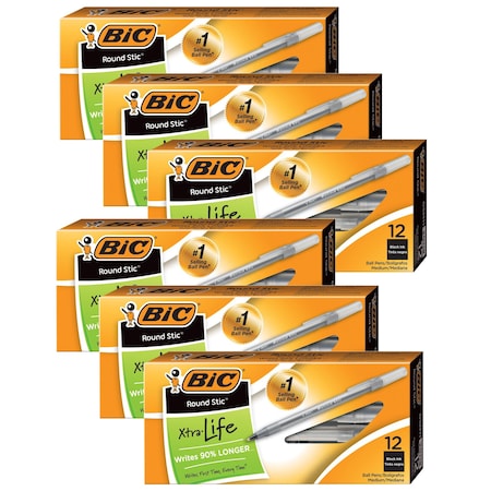 Bic Round Stic Pen, Medium Point, Black, 72PK GSM11BK